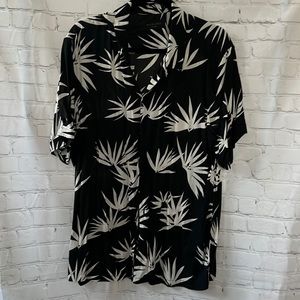 All Saints Mens Bhutan Palm Button Shirt Black Hawaiian Short Sleeves